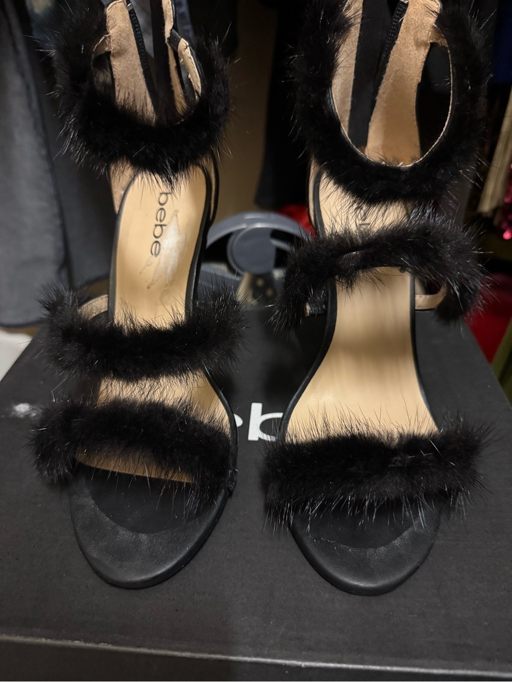 bebe Black Faux Fur Strappy High Heels